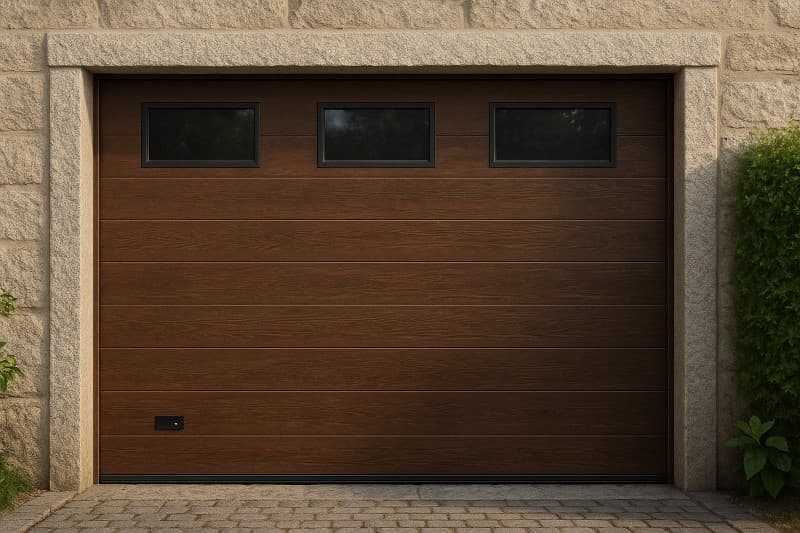 Puerta de garaje seccional madera oscura en Vigo Microacanalada con 3 ventanas Puerta de garaje seccional madera oscura en Vigo Microacanalada con 3 ventanas