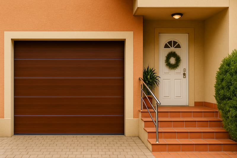 Puerta de garaje seccional marrón instalada en vivienda de Sanxenxo