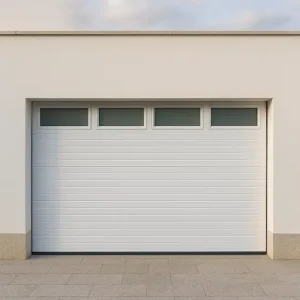 Puerta de garaje seccional blanca, panel acanalado y cuatro ventanas horizontales superiores, sin puerta peatonal, integrada en fachada de revoco blanco en vivienda de Galicia.