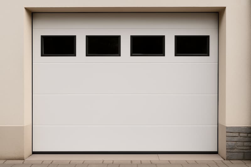 Puerta automática de garaje blanca con ventanas rectangulares instalada en una vivienda de Pontevedra