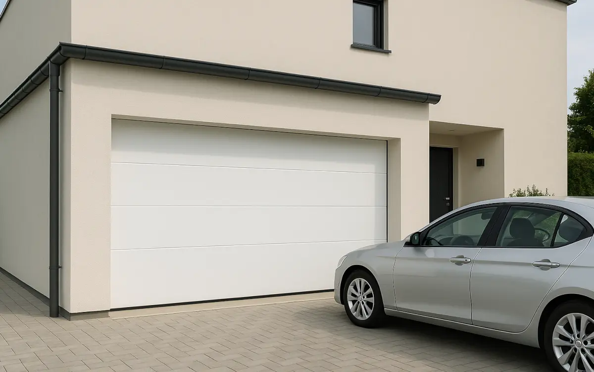 Vista de una puerta de garaje seccional blanca con coche aparcado frente a una casa moderna en Poio