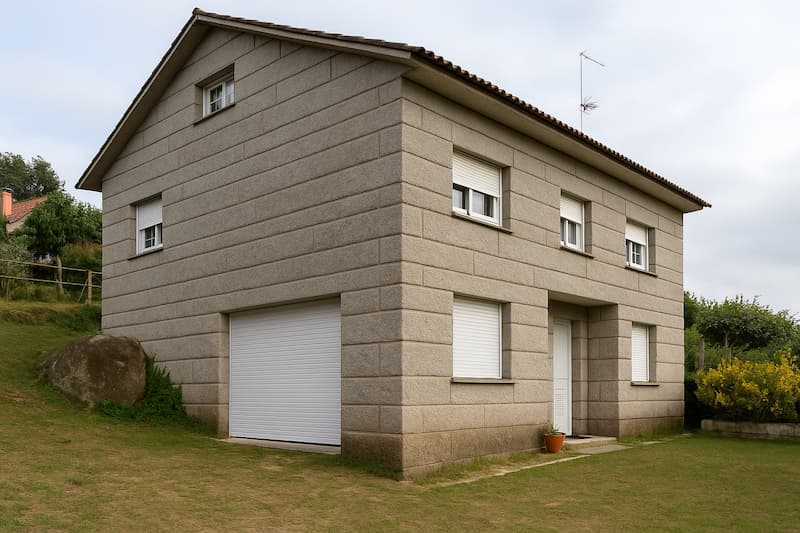 Puerta seccional blanca lisa instalada en vivienda moderna de Caldas de Reis