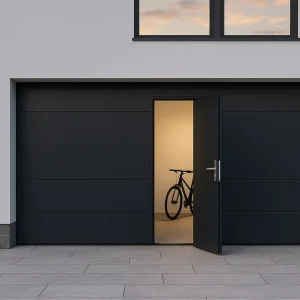 Garaje moderno con puerta seccional y peatonal integrada en gris antracita. Diseño, seguridad y confort para viviendas en Pontevedra.