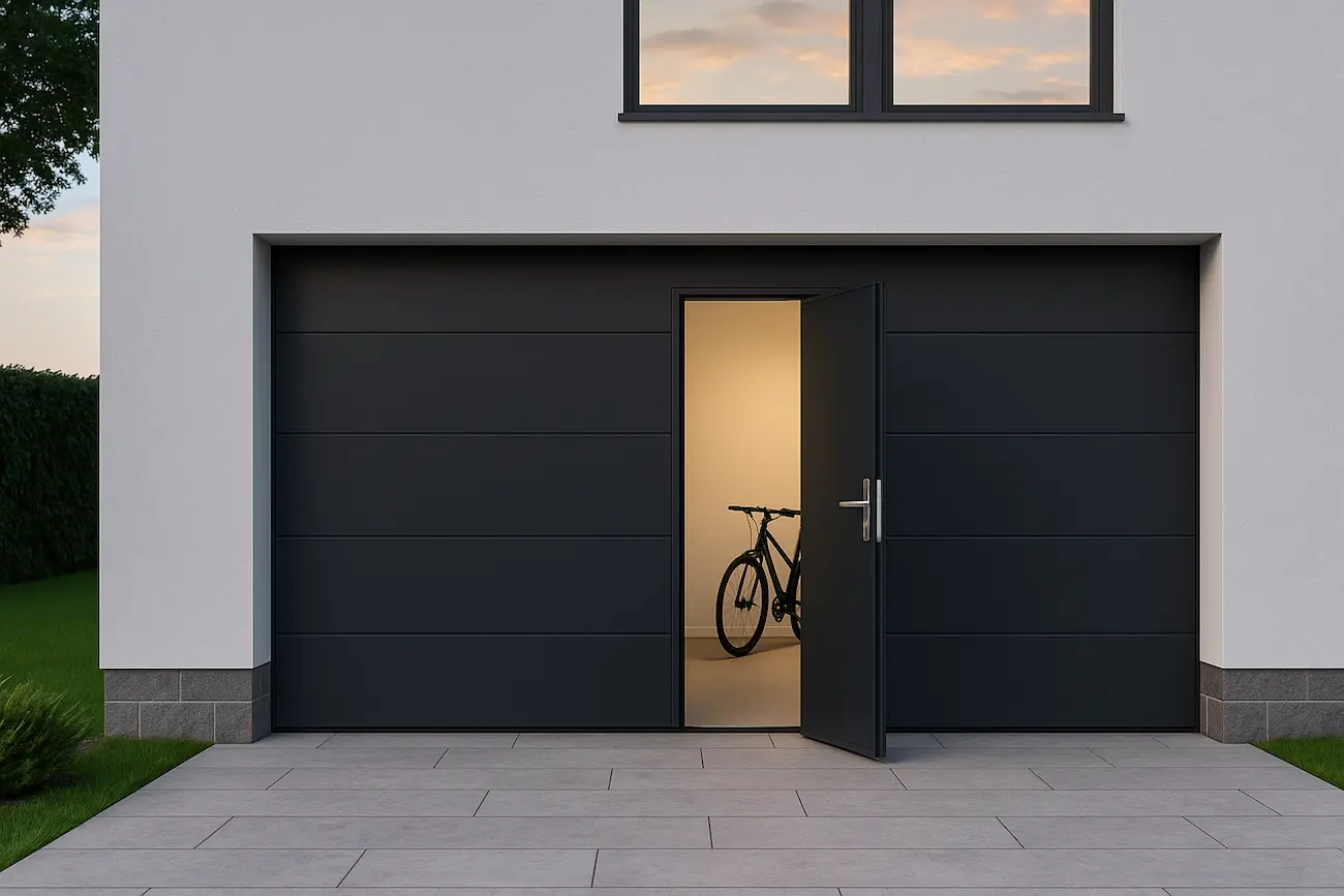 Garaje moderno con puerta seccional y peatonal integrada en gris antracita. Diseño, seguridad y confort para viviendas en Pontevedra.