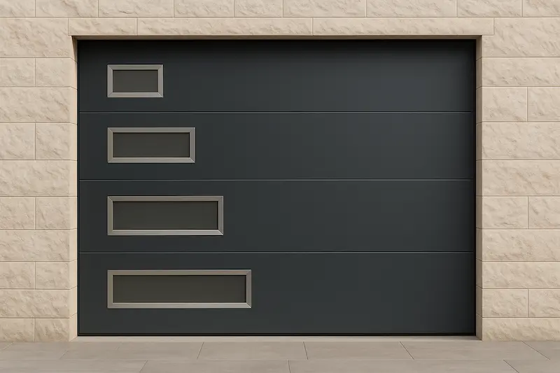 Puerta de garaje seccional en gris antracita con acabado liso, diseño moderno con ventanas verticales rectangulares de diferentes dimensiones, marcos de acero inoxidable y vidrio translúcido en fachada de piedra clara