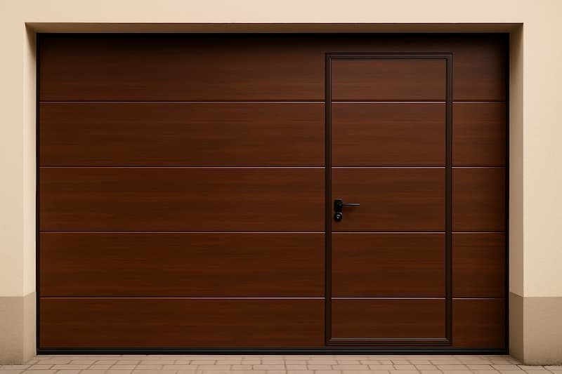 Puerta seccional imitación madera con puerta peatonal instalada en Pontevedra