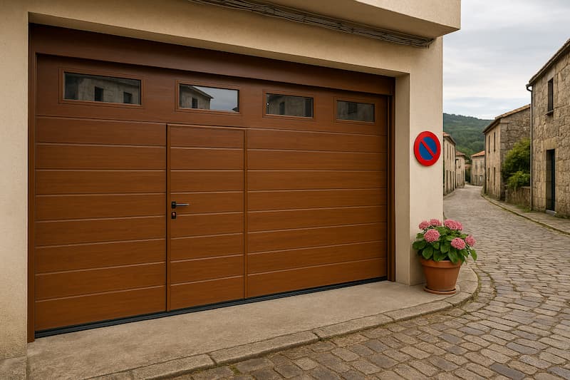 Puerta de garaje seccional en acabado madera con puerta peatonal integrada, instalada en una aldea de la provincia de Pontevedra