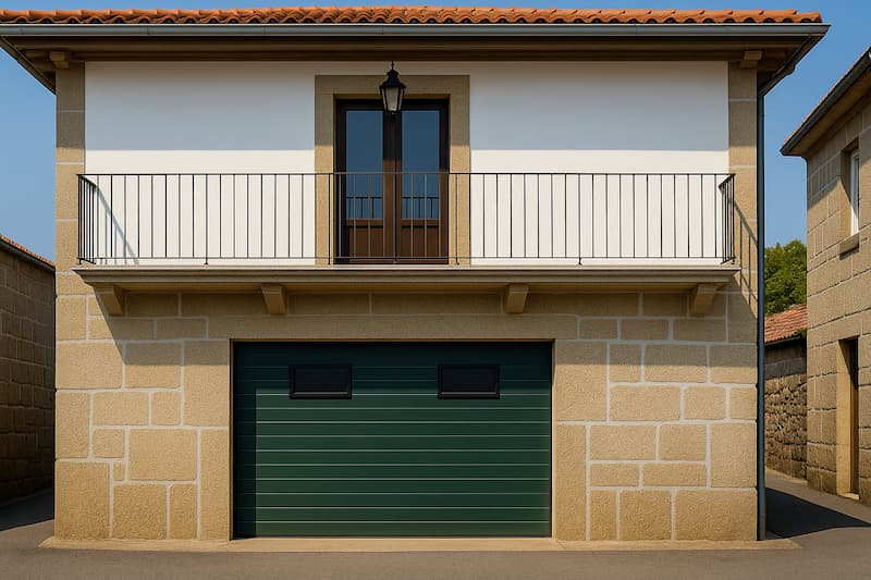 Puerta seccional verde RAL 6005 con 2 visores en casa de piedra