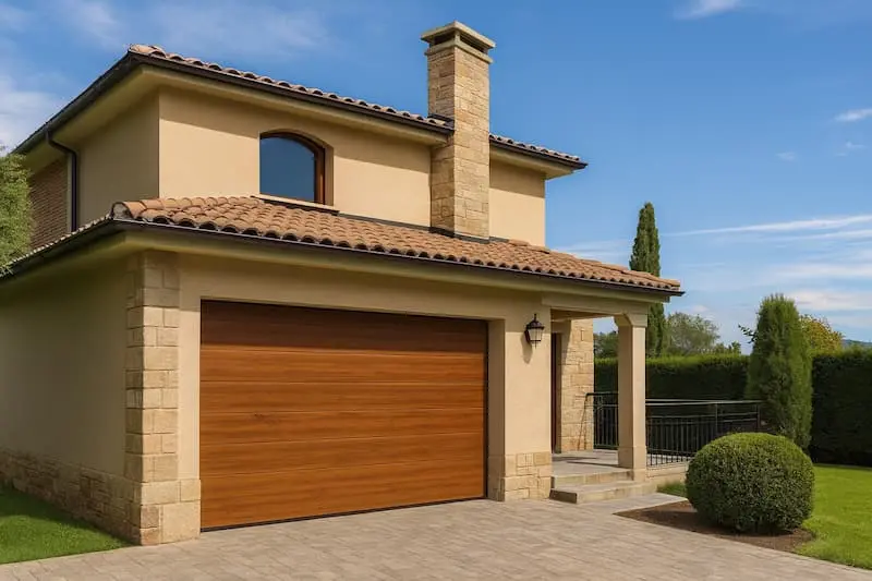 Puerta automática de garaje imitación madera en vivienda unifamiliar