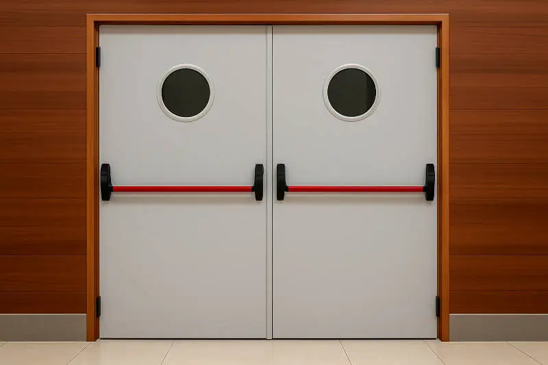 Vista frontal de un par de puertas cortafuegos dobles grises con ventanas circulares y barras antipánico rojas, enmarcadas en paneles de madera, sobre suelo de baldosas claras.