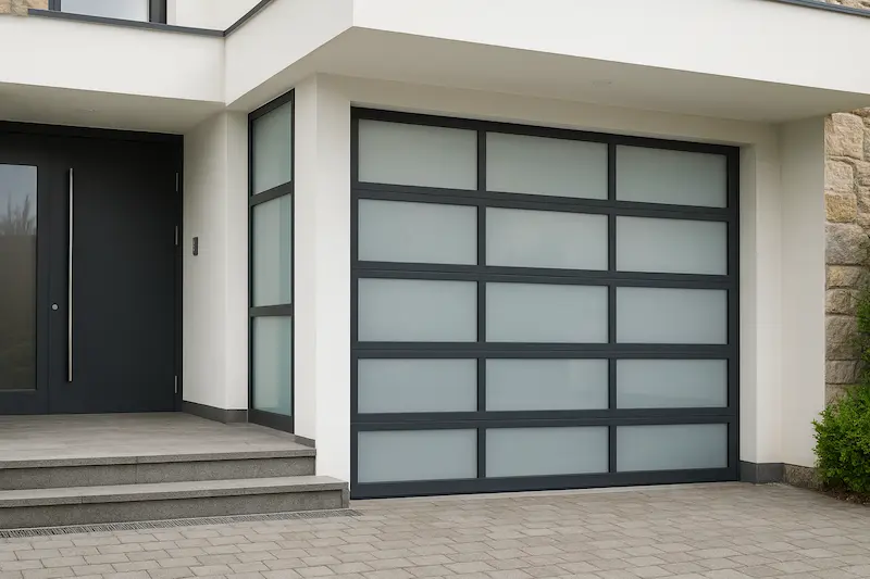 Puertas seccionales acristaladas compactas, resistentes y elegantes Puerta de garaje seccional acristalada, vidrio opal y marco gris antracita; se recoge como persiana, sin mecanismos visibles; solución compacta, resistente y duradera.
