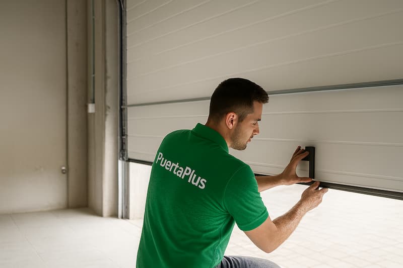Técnico de PuertaPlus instalando una puerta de garaje seccional blanca en el interior de una vivienda