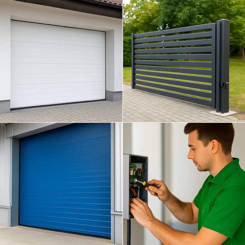 Collage con puerta de garaje seccional blanca, portón corredero exterior, puerta enrollable industrial azul y técnico reparando un cuadro de control automático