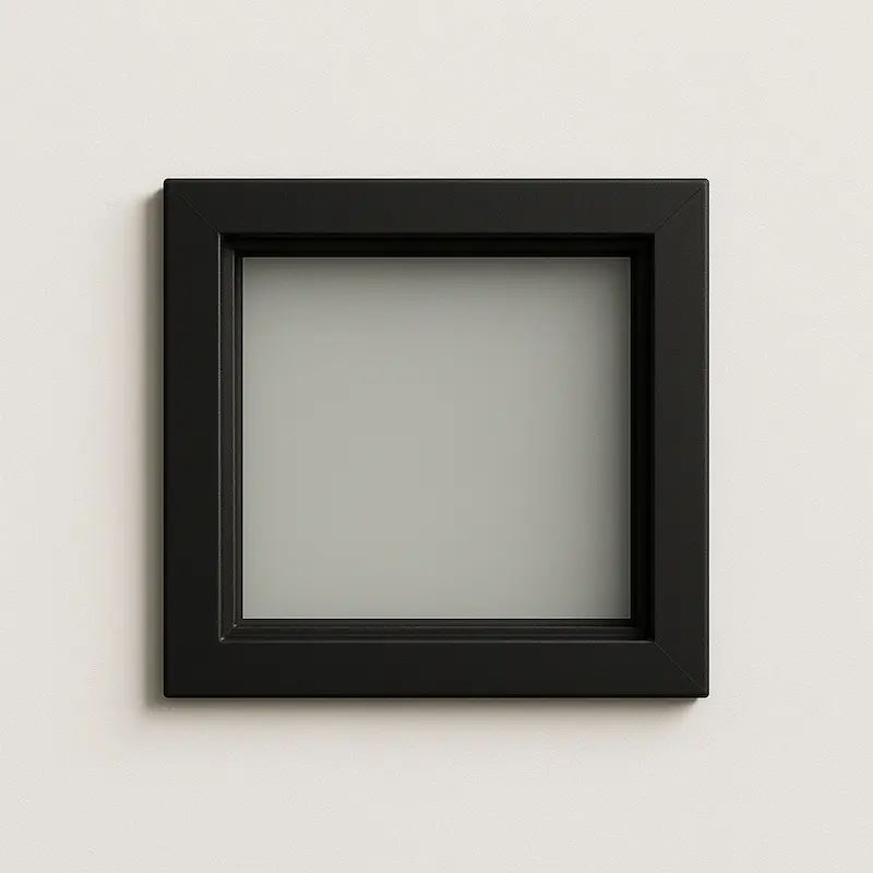 Ventana cuadrada pequeña con marco de aluminio negro y vidrio opaco