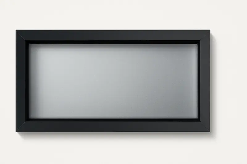 Ventana rectangular con marco de aluminio negro y vidrio translúcido