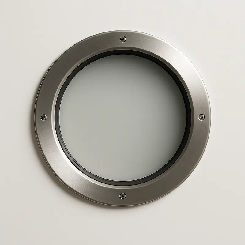 Ventana redonda con marco de acero inoxidable y vidrio translúcido