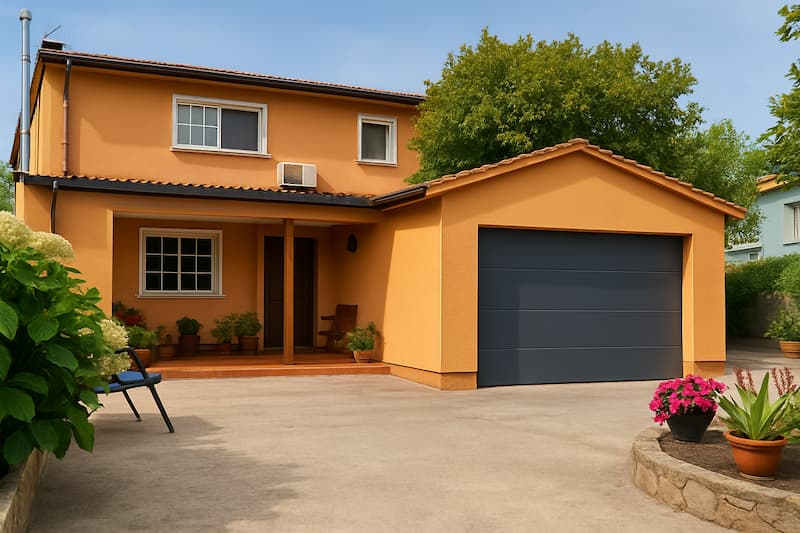 Casa unifamiliar moderna con puerta automática gris oscuro en garaje independiente, situada en Mollabao, Pontevedra