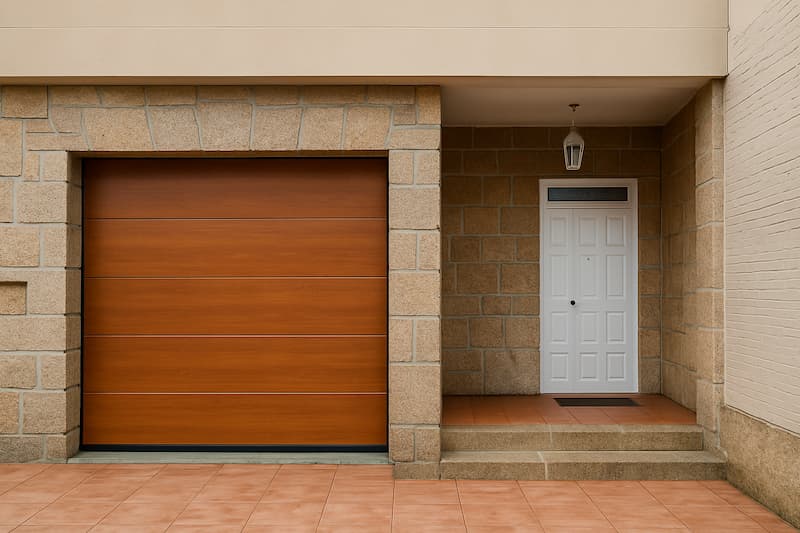 Entrada principal con puerta automática de imitación madera, integrada en vivienda de piedra en Rosalía de Castro, Pontevedra